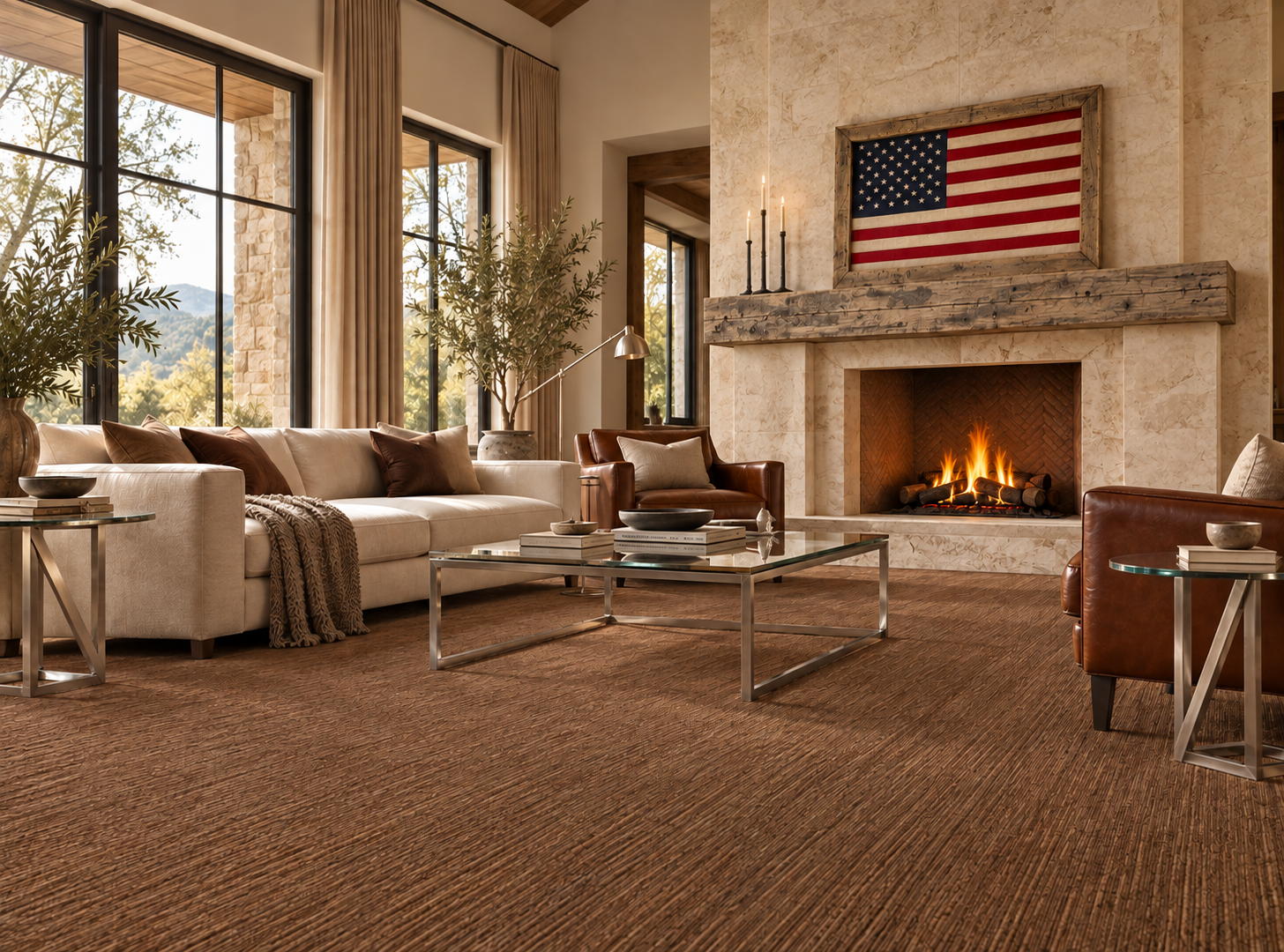 Warm living room with fireplace and brown carpet