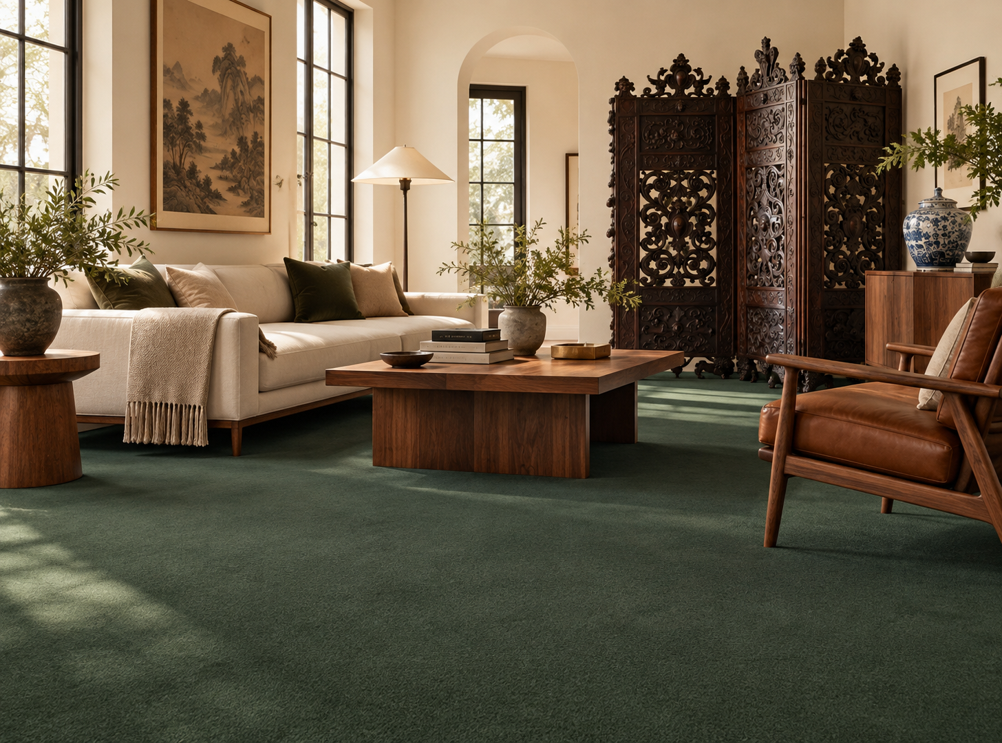 Dark green carpet in living room