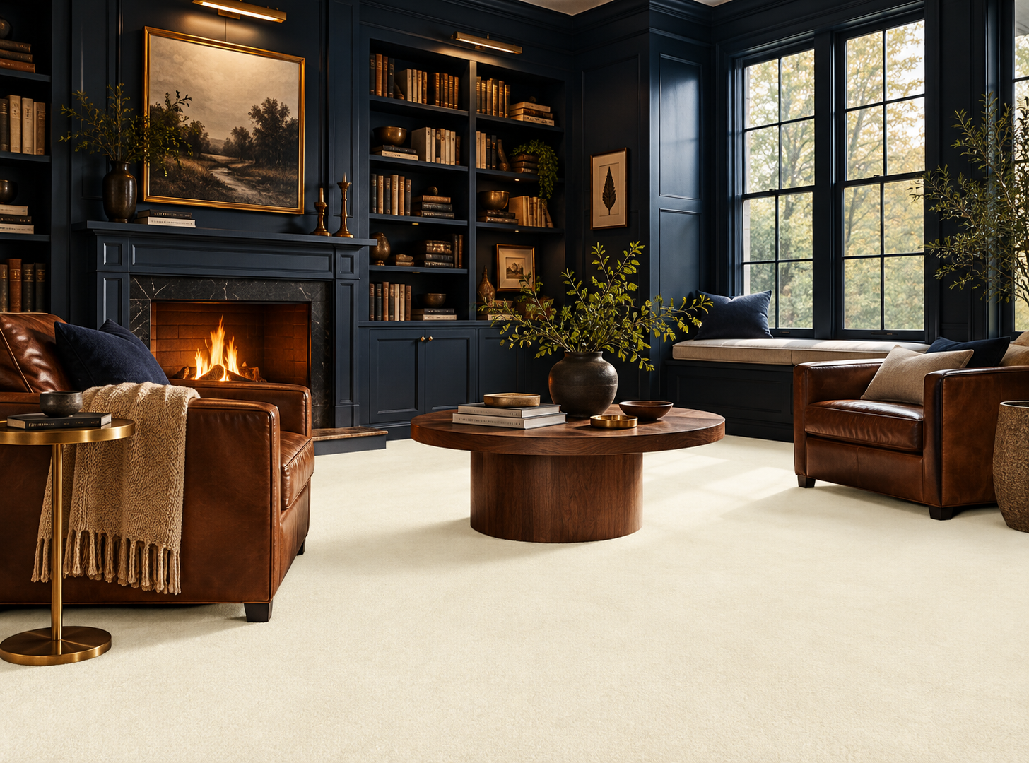 Living room cream colored carpet and navy contrast walls