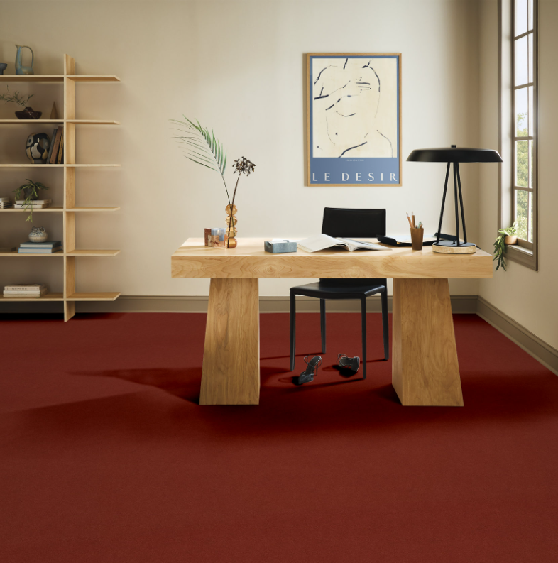 Bold red carpet in home office