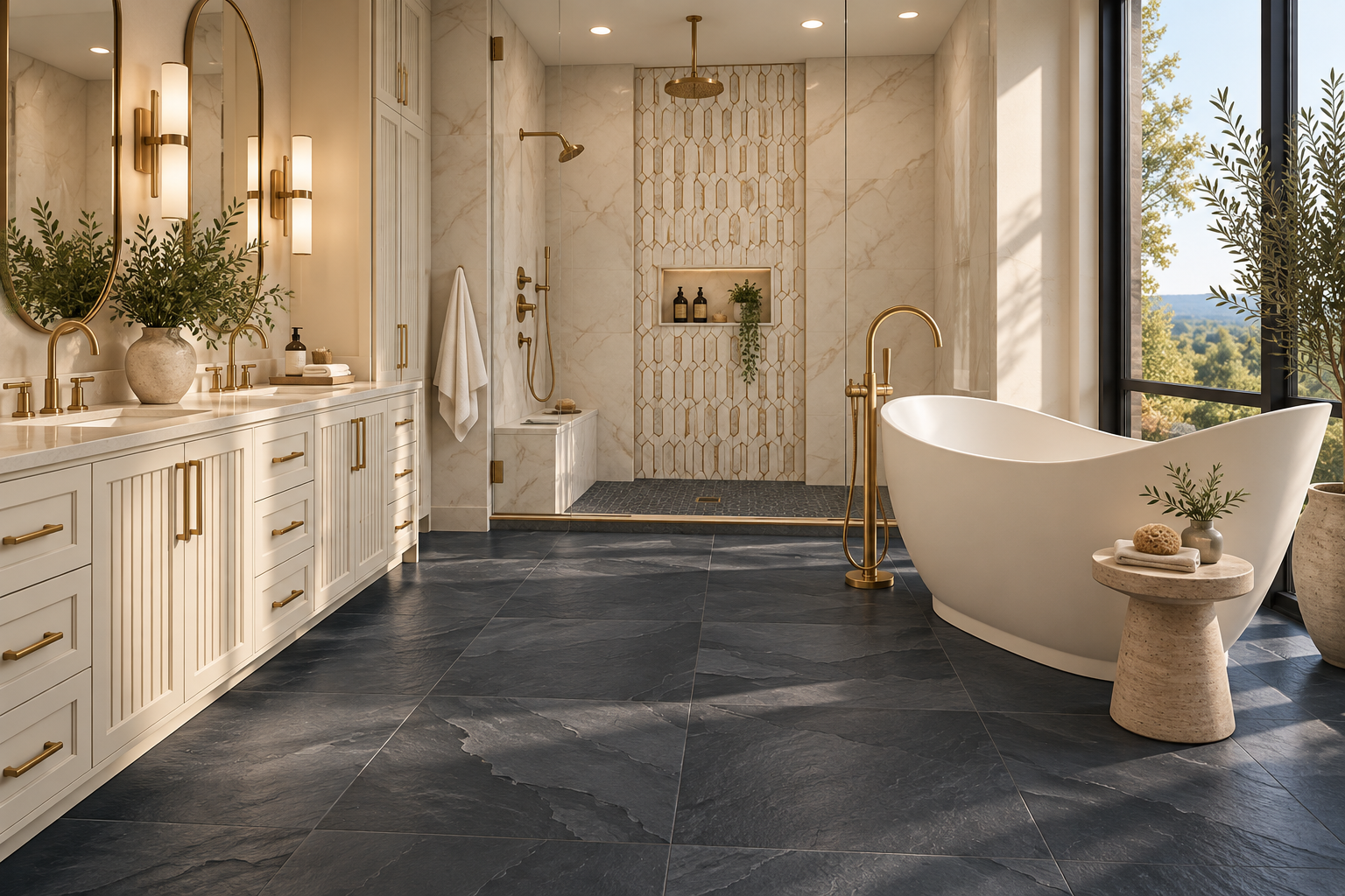 Dark floor bathroom with cream cabinets and bathtub