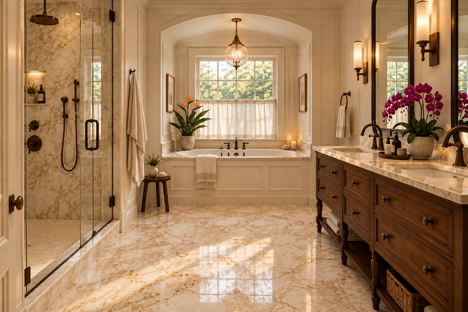 classy bathroom with detailed tile flooring and wooden vanity