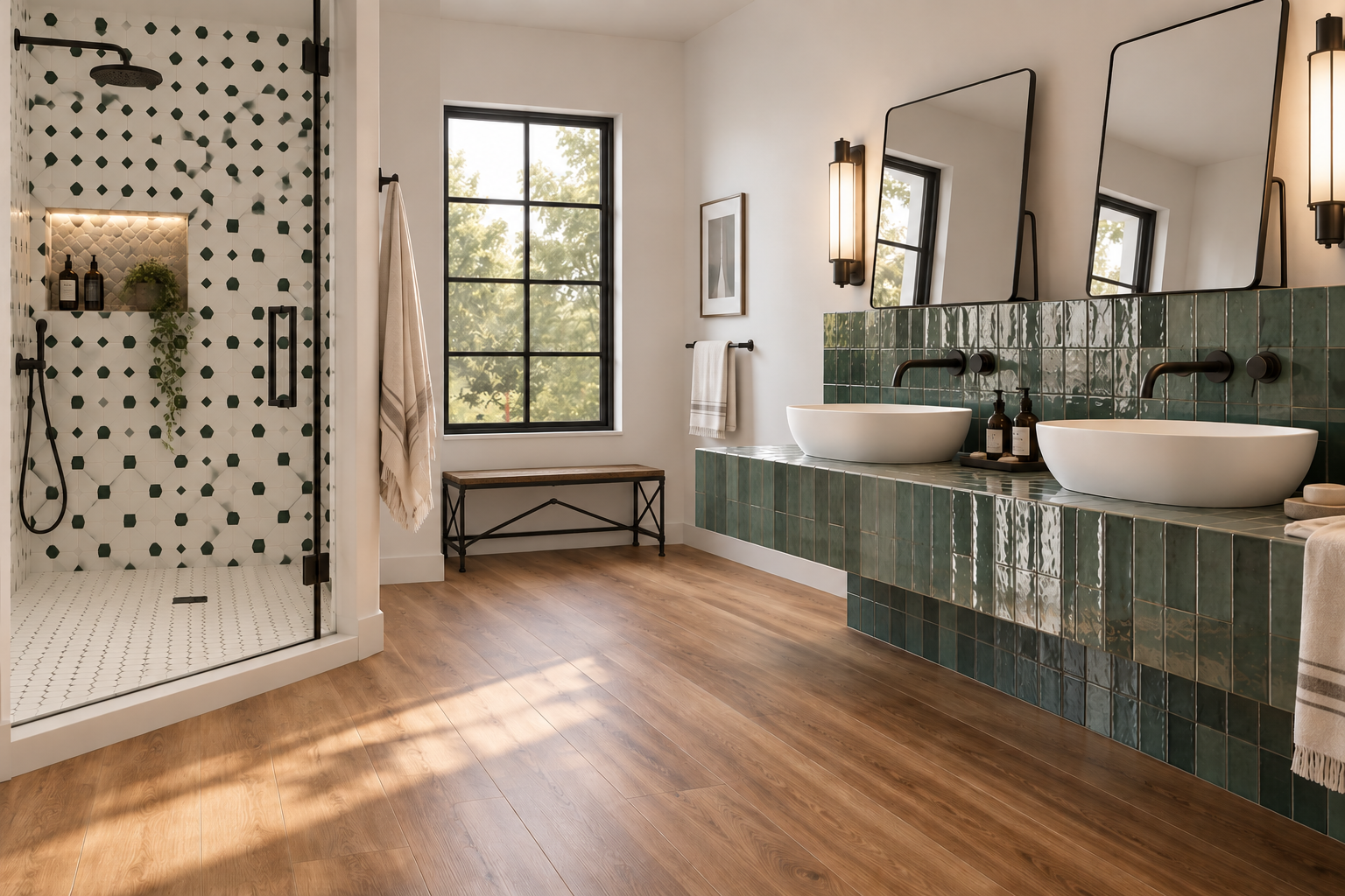 Bathroom with wooden floors and green tile wall accents