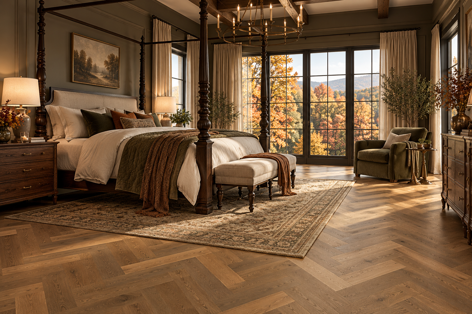 Warm bedroom with large bed and windows and herringbone flooring