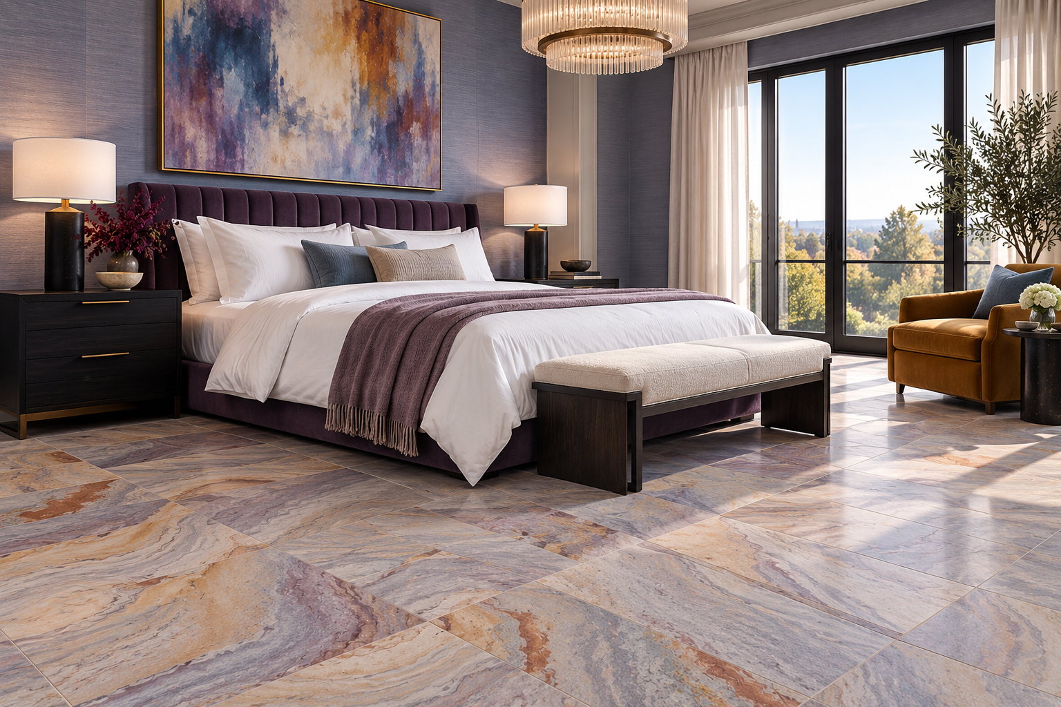 Colorful bedroom with wall art and marble flooring