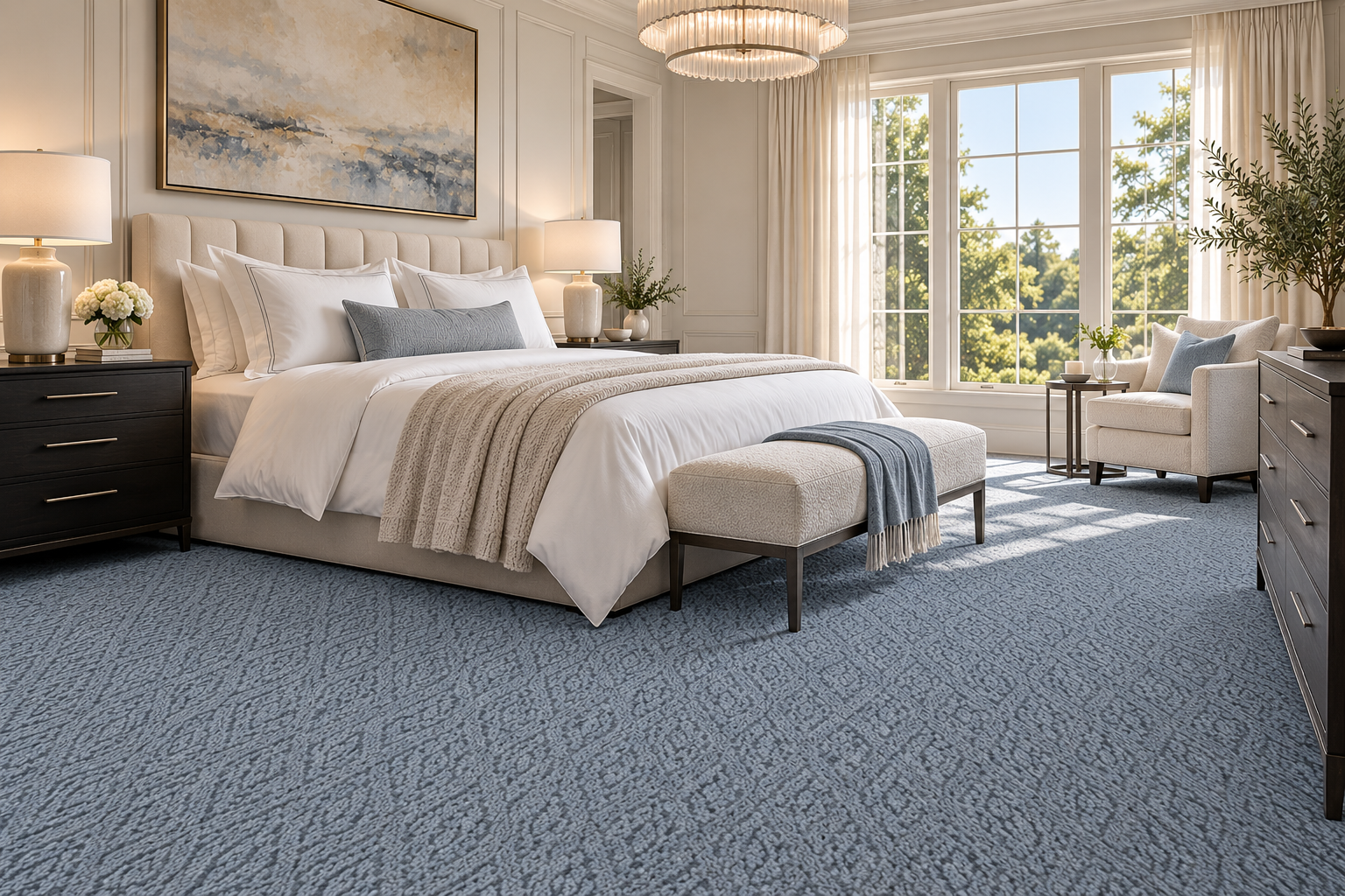 Cute bedroom with light blue carpet flooring