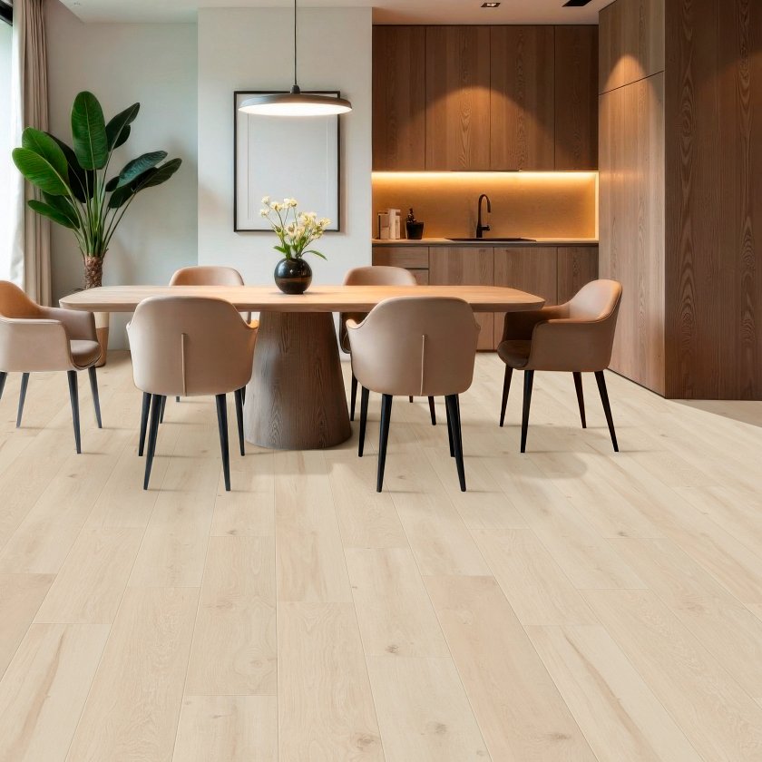 Oak lvp flooring in dining room with sleek table and chairs