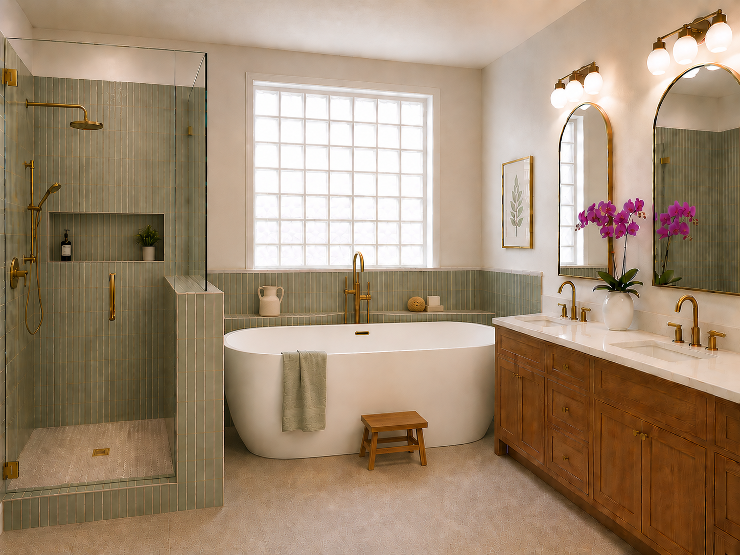 Cream colored floor tile with sage green wall tile in bathroom shower