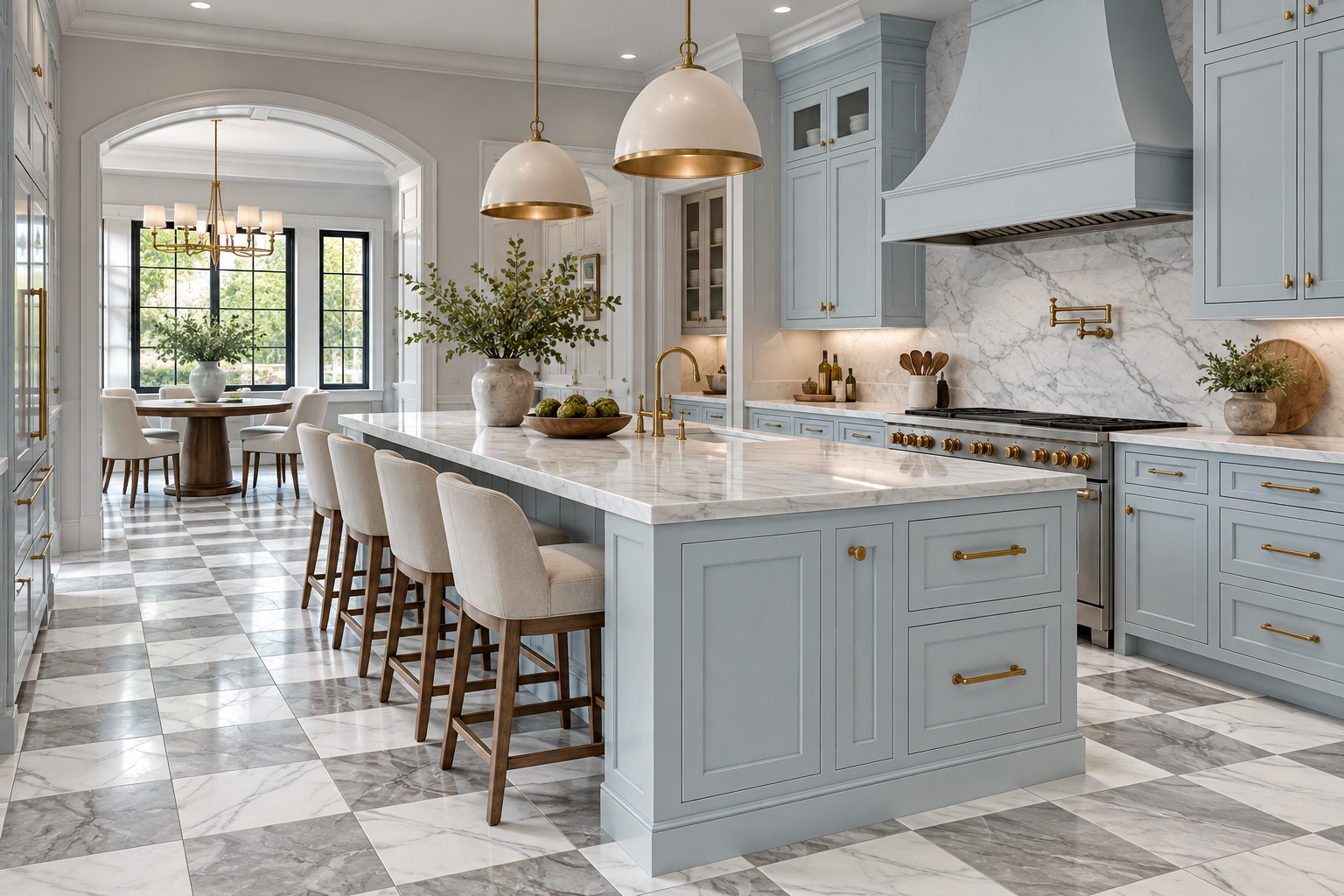 Spacious kitchen with light blue island and white and grey checkered flooring