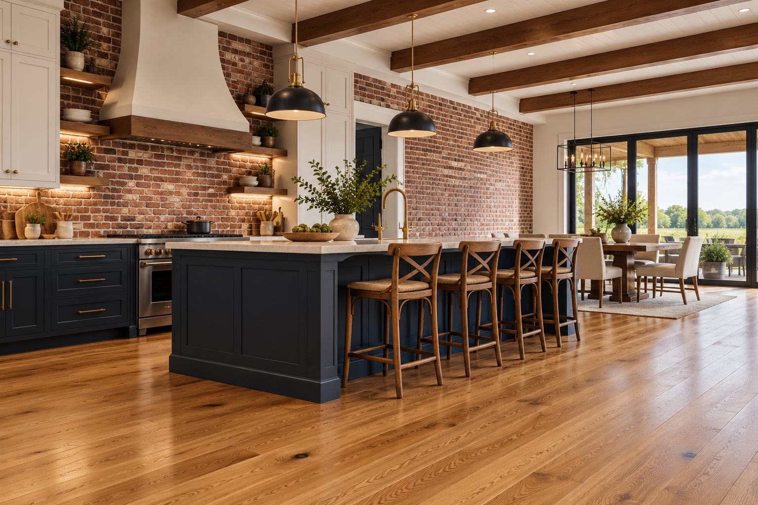 Classic style kitchen with navy blue cabinets and warm wooden floors
