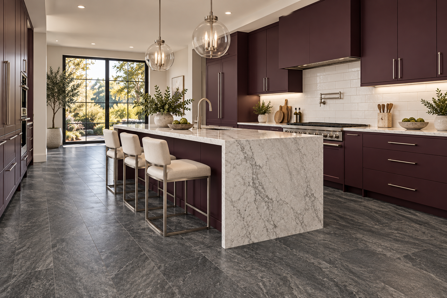 Plum colored kitchen cabinets with white marble island and grey detail flooring