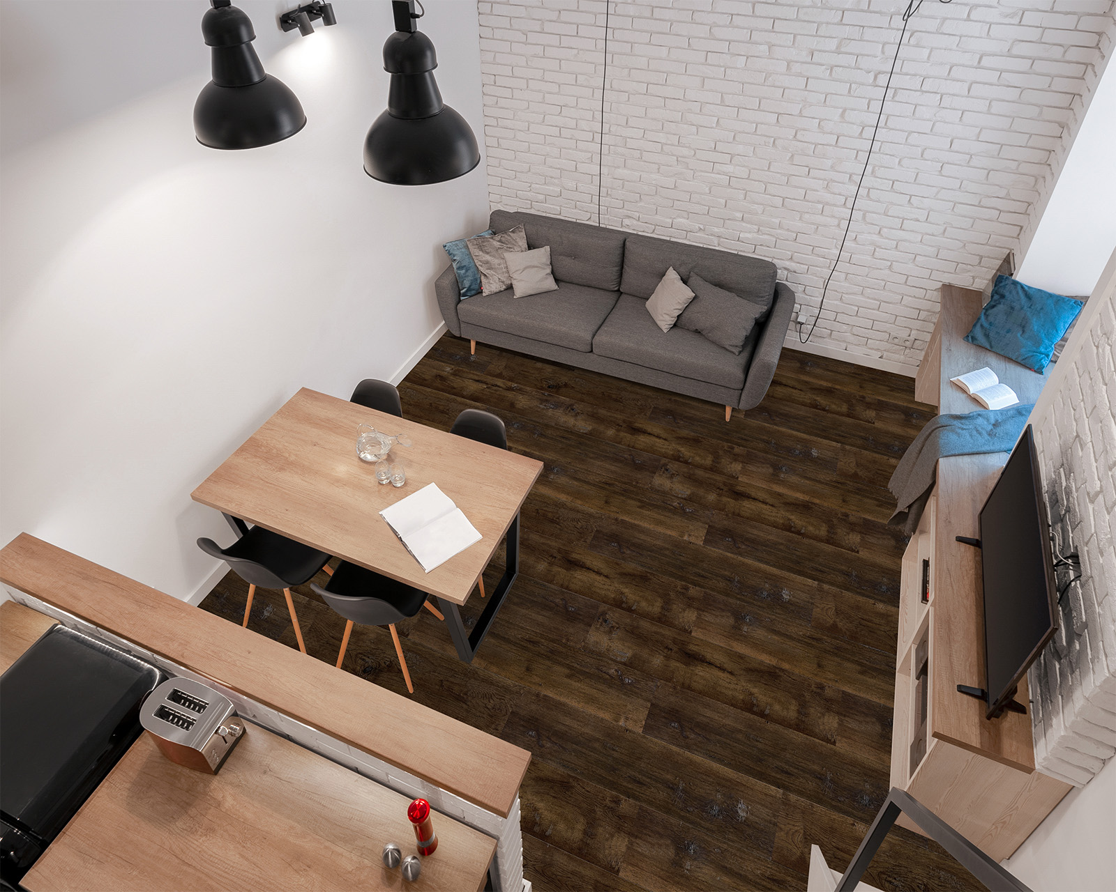 Birds Eye view of living room with dark lvp flooring