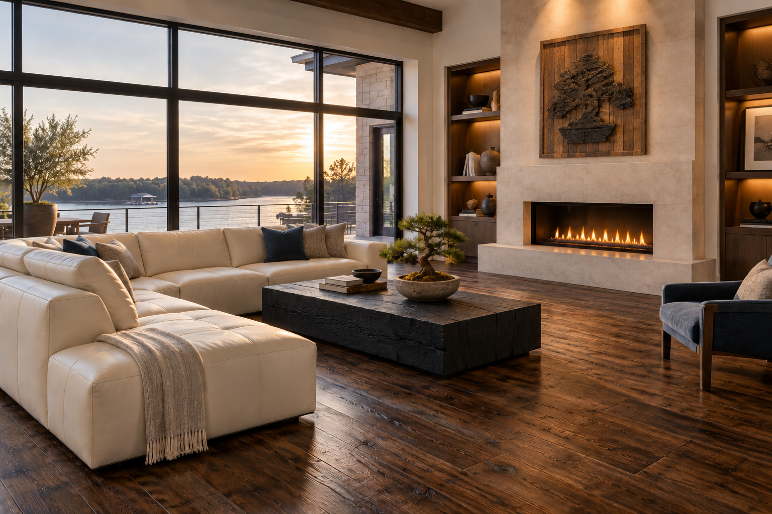 Warm living room with white couch, fireplace and lakeside view