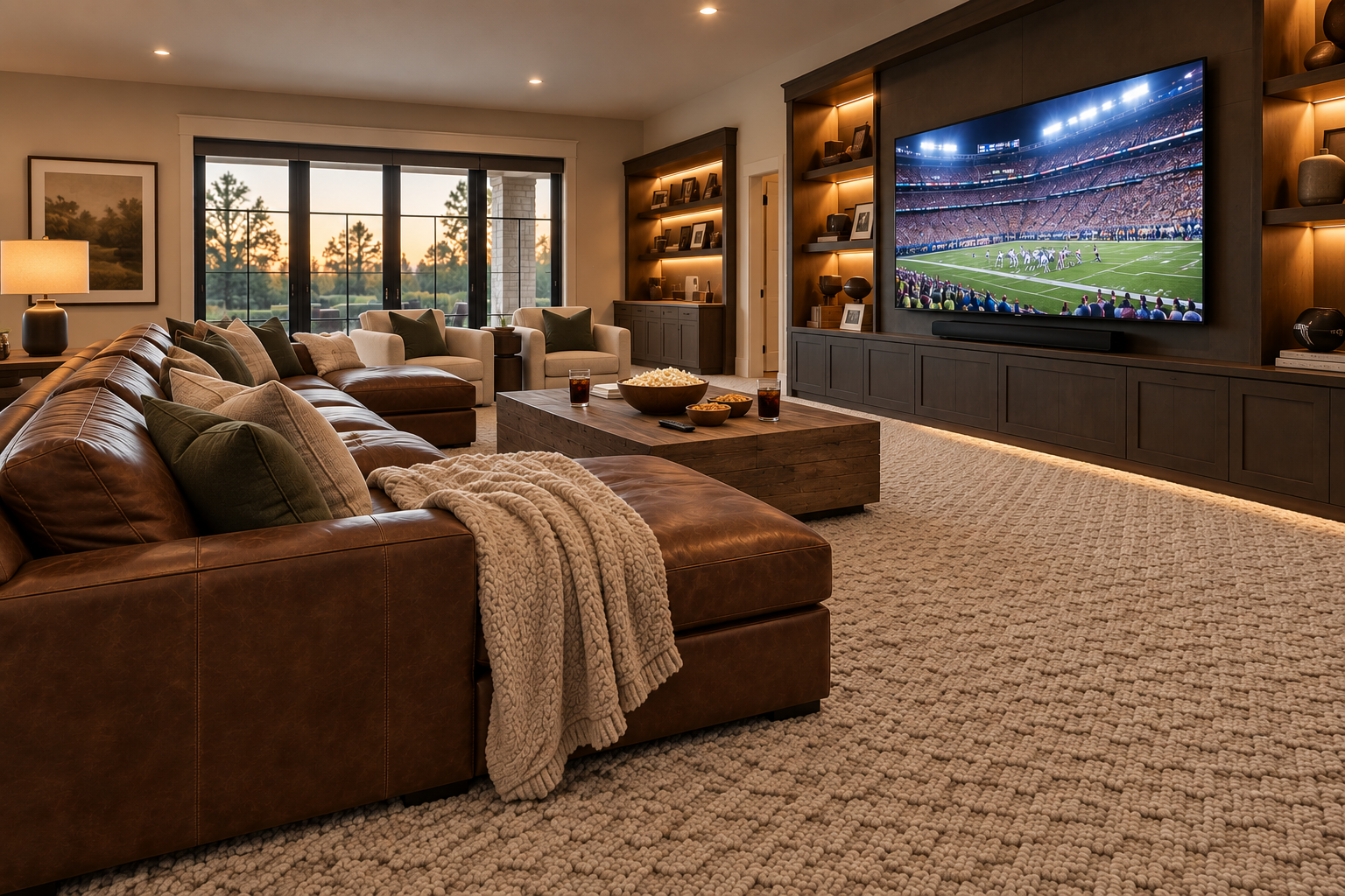 Cozy living room with leather sofa, carpet and large flatscreen tv