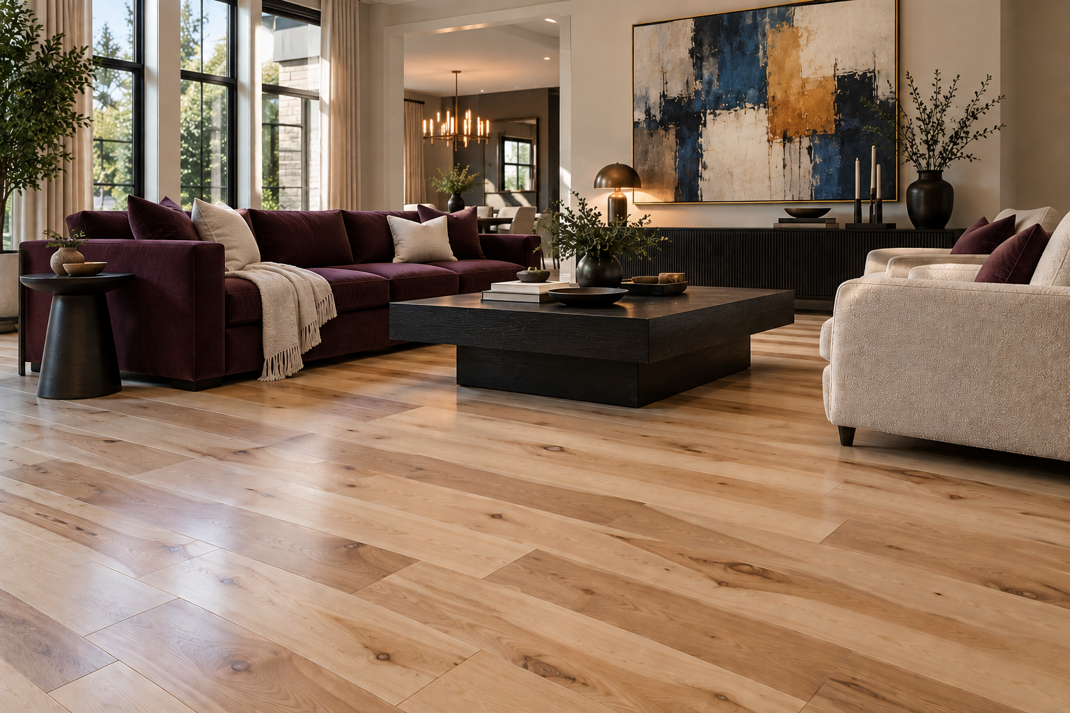 Modern style living room with hardwood floors and wall art