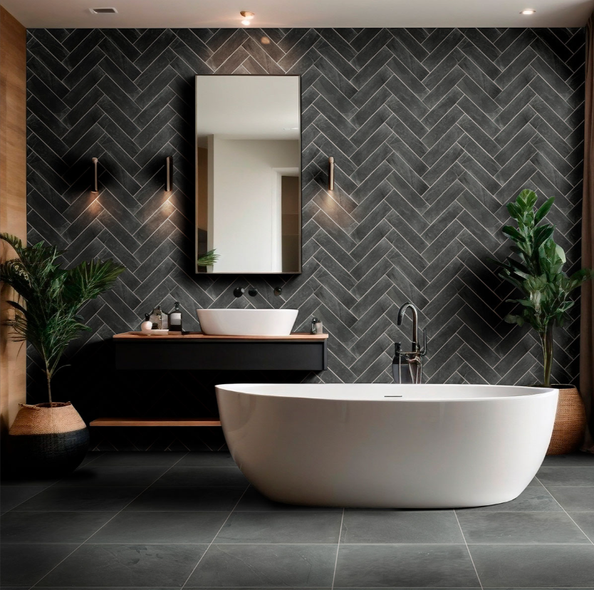 Modern minimalist bathroom with blue grey tile flooring and a white bathtub