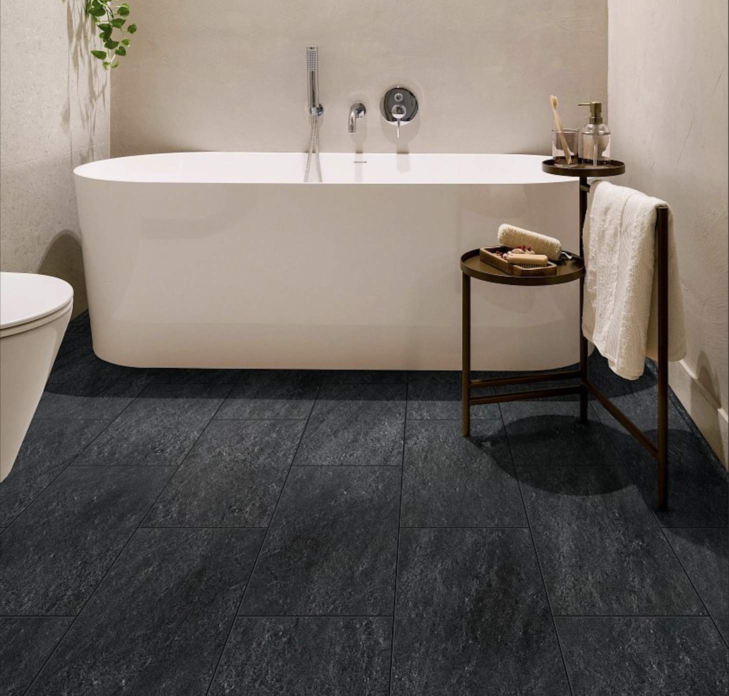 LVp tile in bathroom with white bathtub