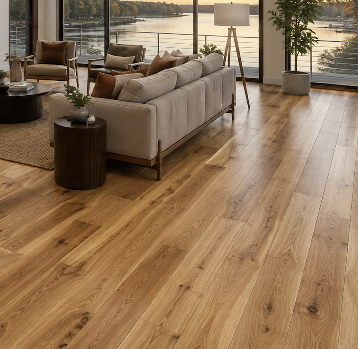 Lakehouse living room with wooden floors