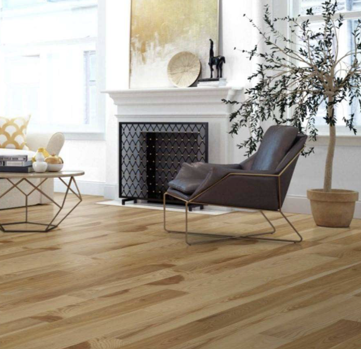 Wood flooring in living room with fireplace