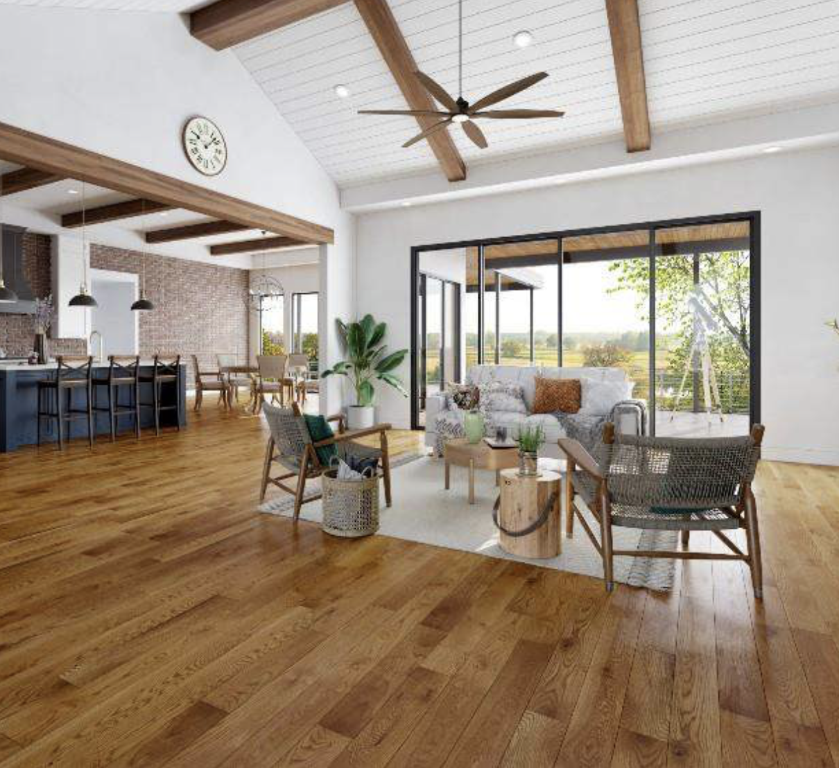 Living room with high ceiling beams and wood floors
