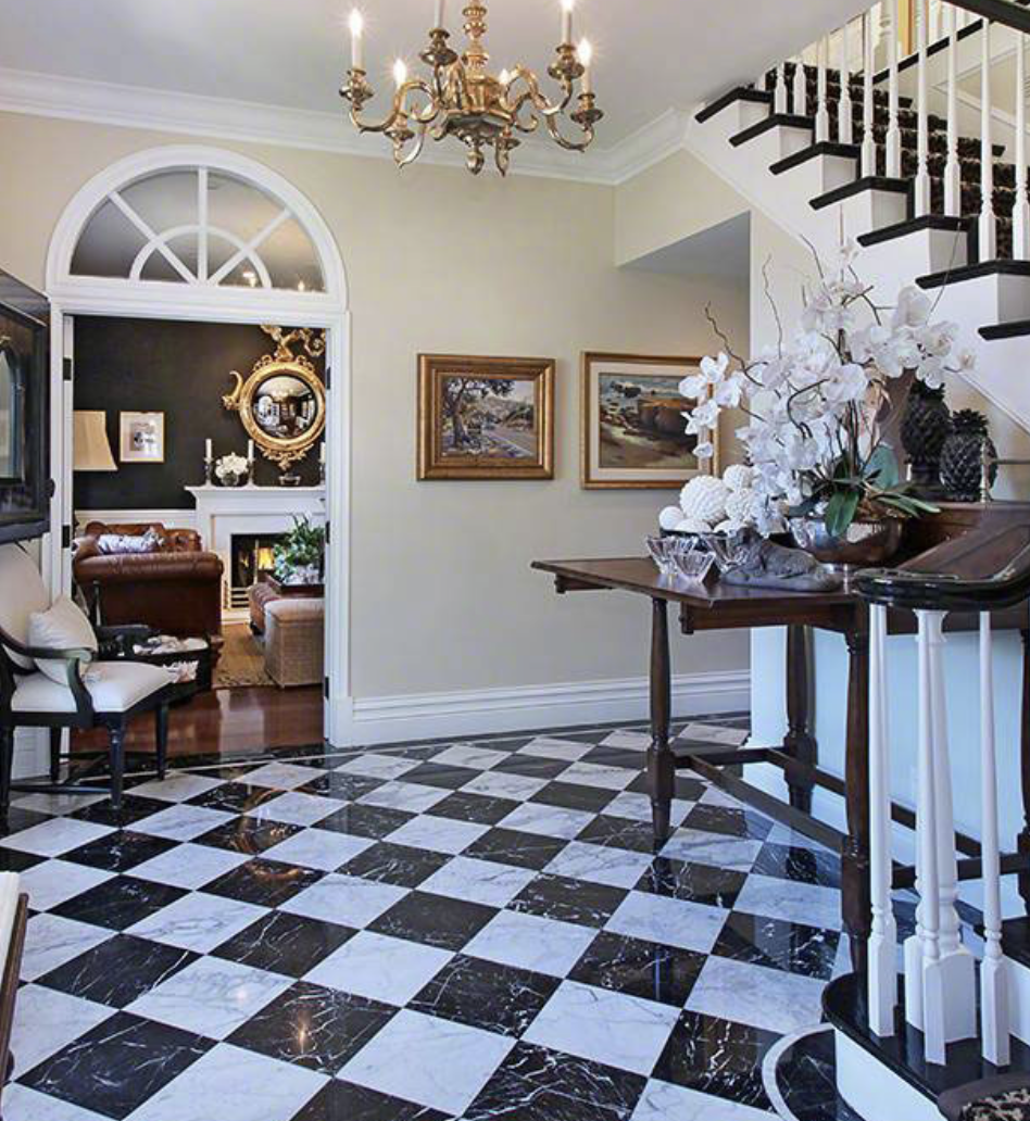 Black and white checkered tile flooring