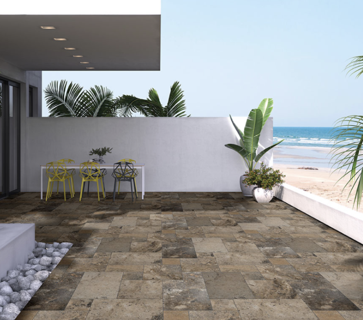 Outdoor tile flooring on patio with beach background
