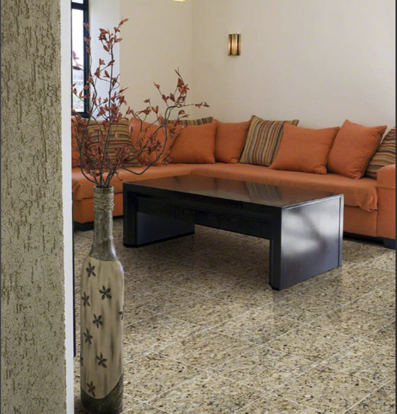 Living room with orange couch and tiger eye style flooring tile