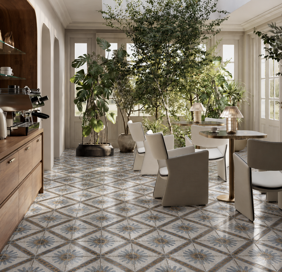 Living room with greenery and lively floor design