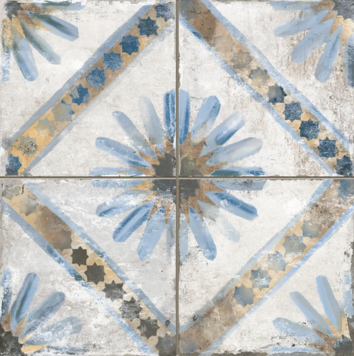 close up of flower patterned tile floor
