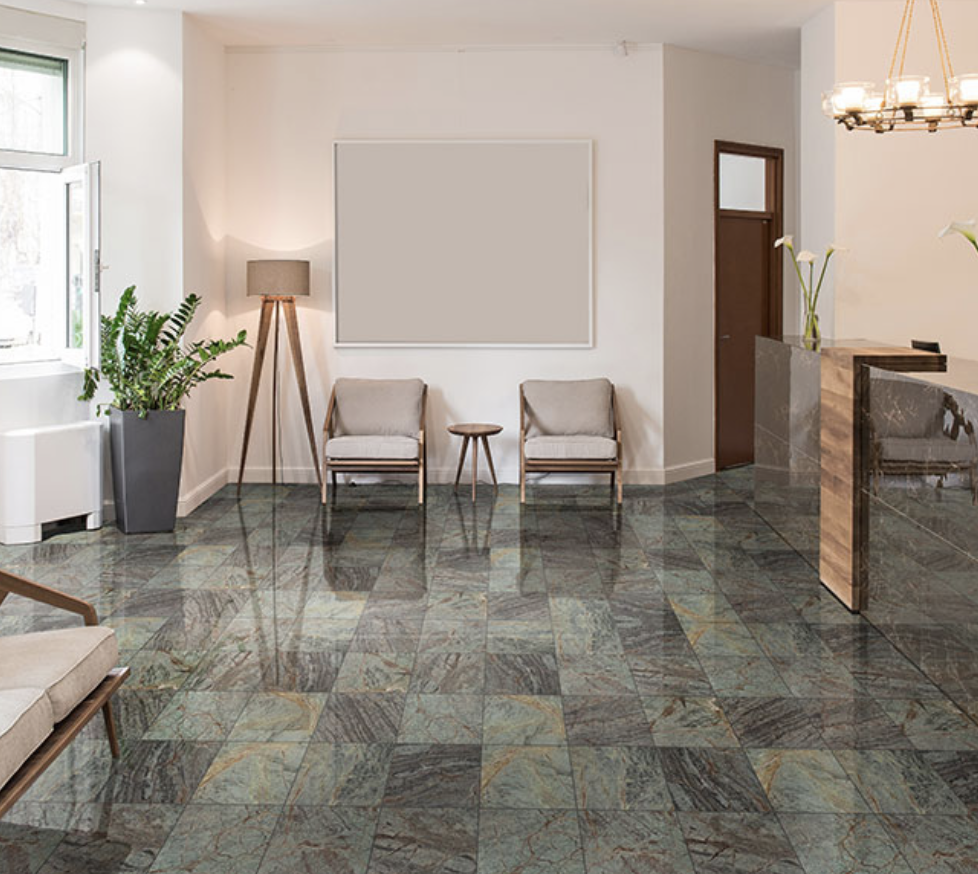 Combination of green and colored detail on tile flooring