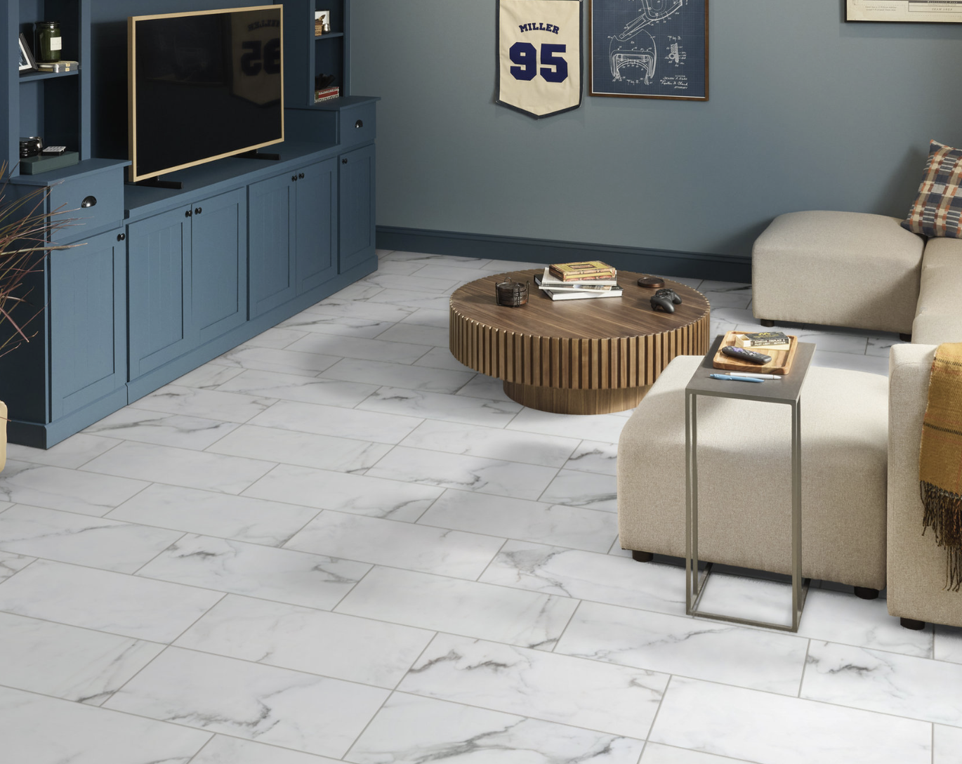 White lvp flooring with grey marbling design