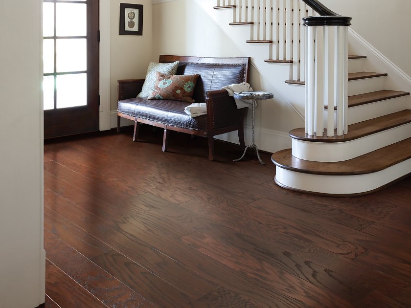 Home entry way with staircase and dark wood floors