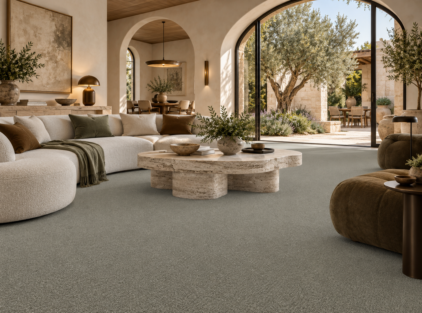Sage green carpet with light colored furniture