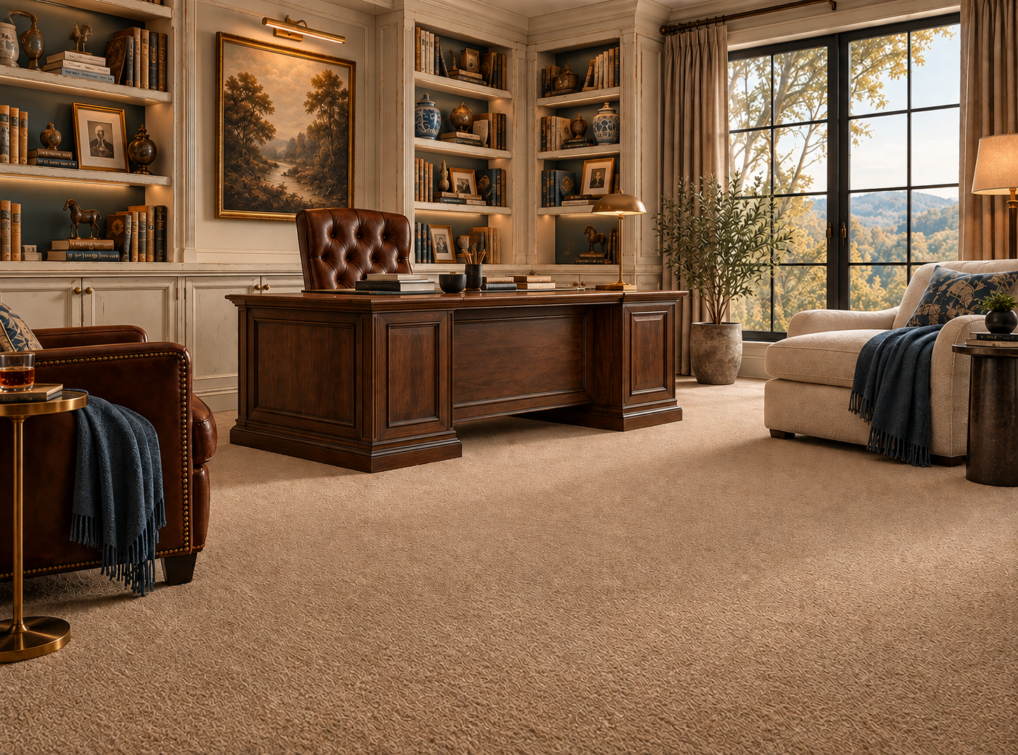 Home office with dark wood desk and carpet