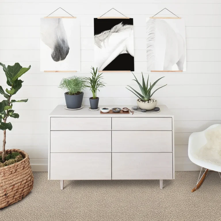 Beige Carpet flooring installation with white and neutral colored furniture